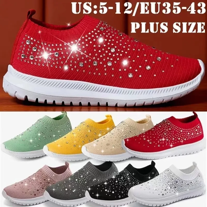 Top Trends: Women&#039;s Mesh Walking Shoes Rhinestone Glitter Slip On Ballroom Jazz Latin Dance Sock Sneakers Tennis Female Knitted Running Shoe Shoppable Styles