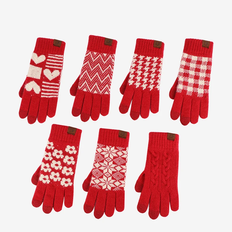 Top Trends: New Year Red Knitted Gloves With Touch Screen Winter Hand Warmer Elastic Print Woolen Glove Women Outdoor Cycling Velvet Mittens Shoppable Styles