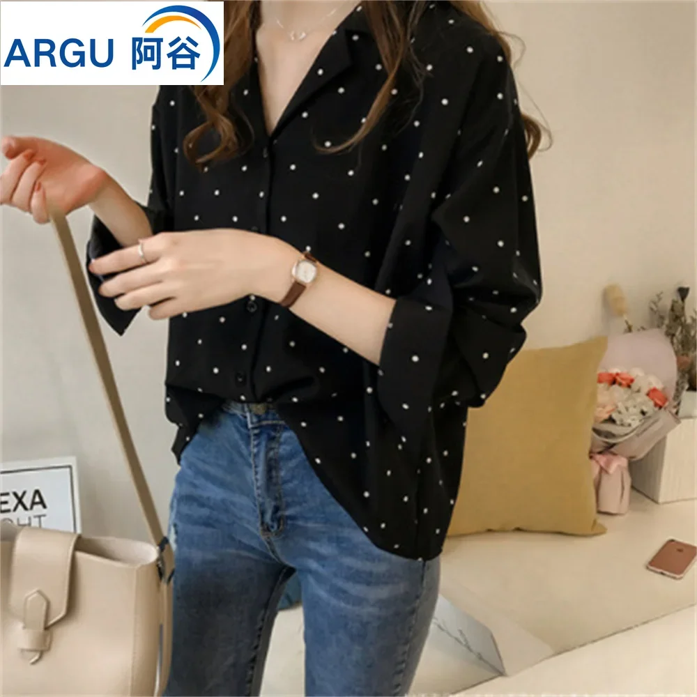 Top Trends: Woman&#039;s Shirts Spring / summer Dot Print Chiffon Long Sleeve V Neck Single Breasted Ladies Tops Shirt Dropshipping Womens Clothing Shoppable Styles