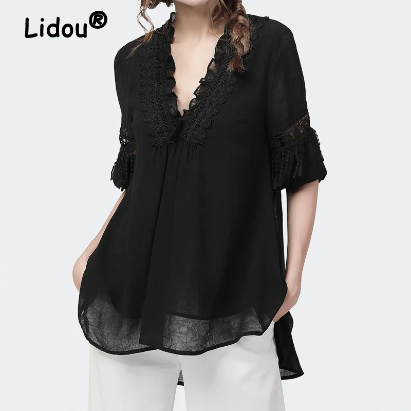 Top Trends: Women&#039;s Summer Sexy V Neck Lace Hollow Oversize Elegant Blouse Casual Ruffle Loose Black Shirt Tunic Ladies Tops Clothing Female Shoppable Styles