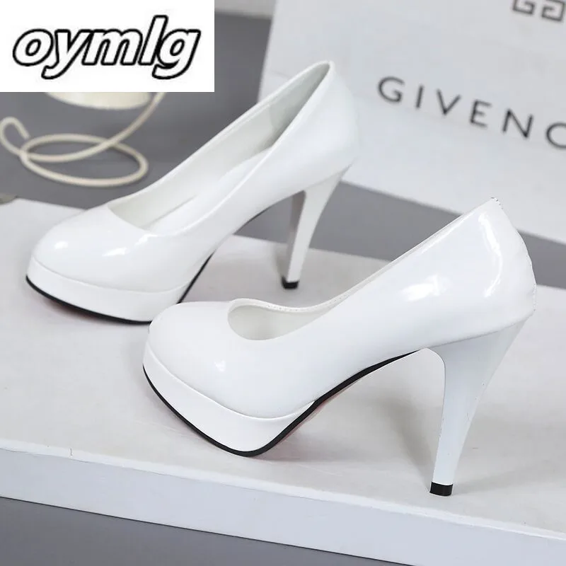 Top Trends: 10CM High-heeled Shoes Waterproof Platform Sexy Fine With Round Head Feet Korean Women's Shoes Patent Leather Large Size S071 Shoppable Styles - Image 2