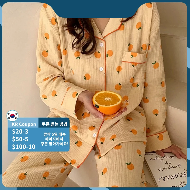 Top Trends: QWEEK Cotton Home Suit Korean Sleepwear Orange Print Pajamas Women Autumn Pijama Pyjamas Long Short Sleeve 2 Piece Set Nightwear Shoppable Styles