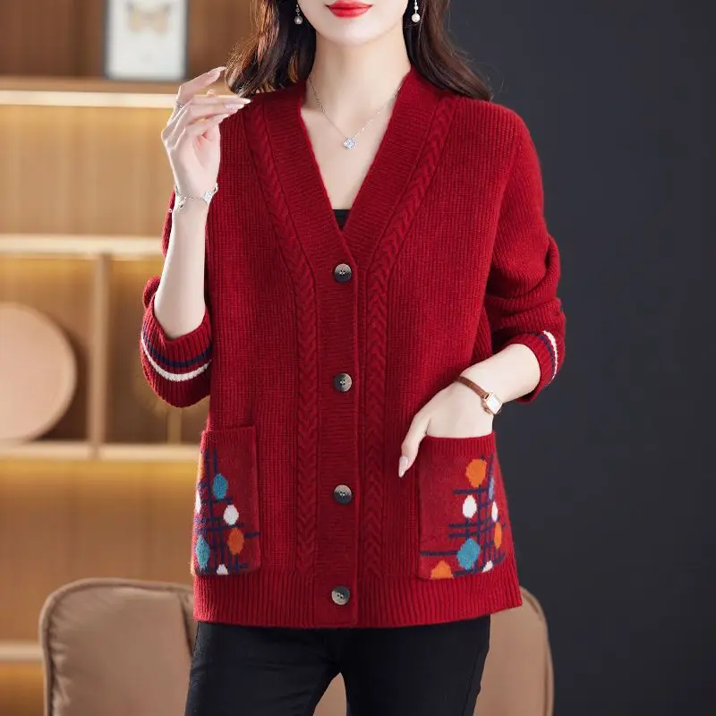 Top Trends: Fashion Women Vintage Cardigan Sweater Korean Clothing Autumn Winter V-neck Pockets Versatile Casual Long Sleeve Knitted Coats Shoppable Styles