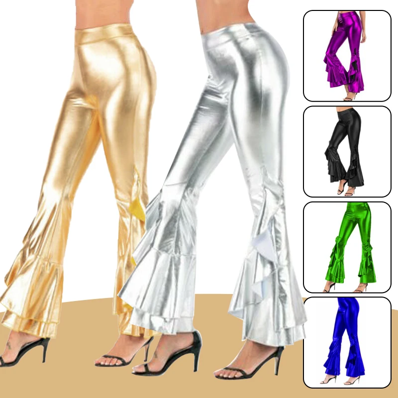 Top Trends: Womens Shinny Metallic Elastic Mid Waist Stretchy Bell Bottom Flared Pants Bootcut Wet Look Pants Trousers Club Wear Shoppable Styles