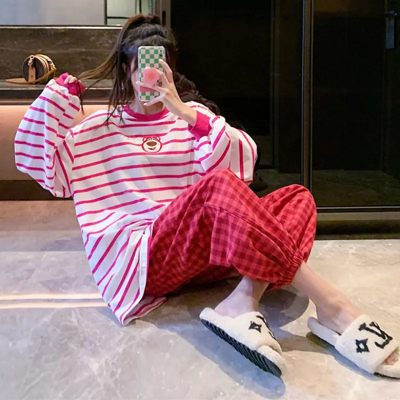 Top Trends: Disney Spring And Summer New Women's Long Sleeve Pajamas Set Cute Lotso Print Top And Plaid Pants Pjs Lounge Sets Home Wear Set Shoppable Styles