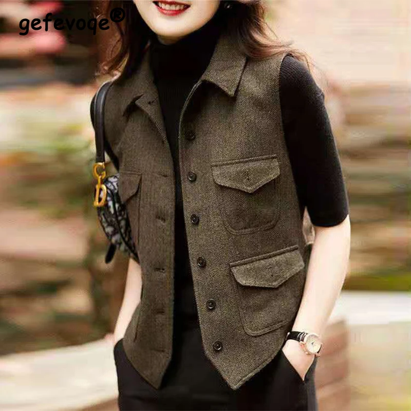 Top Trends: Autumn Winter Vintage All-match Woolen Vest Ladies Sleeveless Casual Fashion Tank Top Women Solid Color Buttons Coat Lady Jacket Shoppable Styles