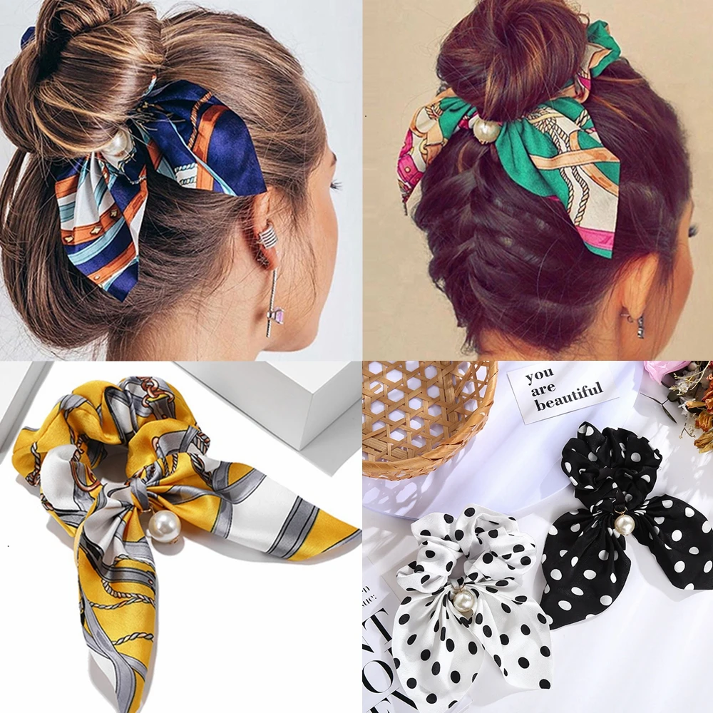 Top Trends: New Chiffon Bowknot Silk Hair Scrunchies Women Pearl Ponytail Holder Hair Ties Hair Rope Rubber Bands Headwear Hair Accessories Shoppable Styles