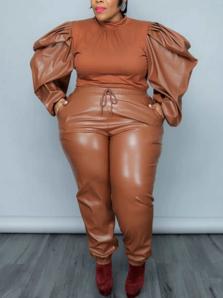 Top Trends: LW Plus Size Two Pieces Set Faux Leather Puff Sleeve Drawstring Pants Set Autumn Winter Long Sleeve Top &amp; Pants Set Tracksuit Se Shoppable Styles