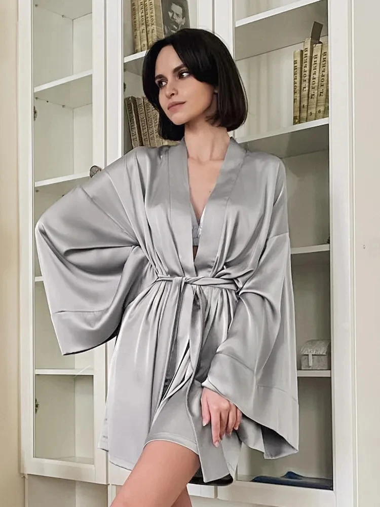 Top Trends: Sexy Women's Dressing Gown Flare Sleeve Bathrobe Female Black Loose Robes Women V-Neck Women's Nightwear With Sashes 2022 Shoppable Styles