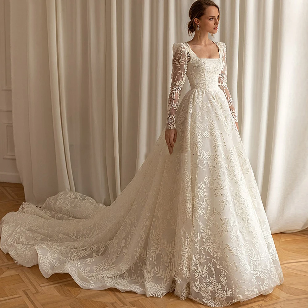 Top Trends: Luxury Square Collar Full Sleeve Wedding Dresses With Applique Sweep Train Organze Bridal Gowns For Marriage Vestido De Noche Shoppable Styles