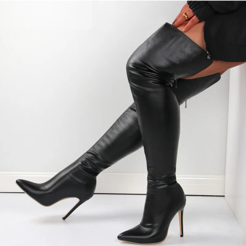 Top Trends: Women Boots Sexy Stiletto Heels Big Size 46 Women Thigh High Boots 2023 Winter Pu Leather Over The Knee Boots Female Shoes Shoppable Styles - Image 2