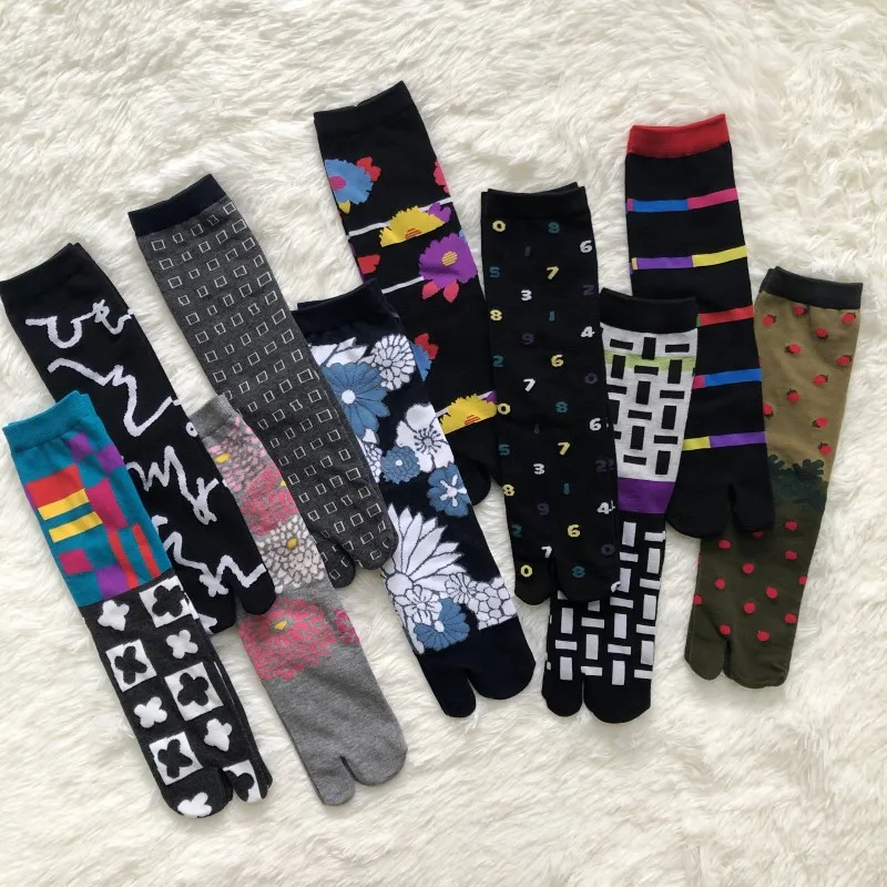 Top Trends: New Funny Creative Womens Two Toe Socks Striped Cube Number Flower Strawberry Combed Cotton Art Cute Tabi Socks Autumn Winter Shoppable Styles