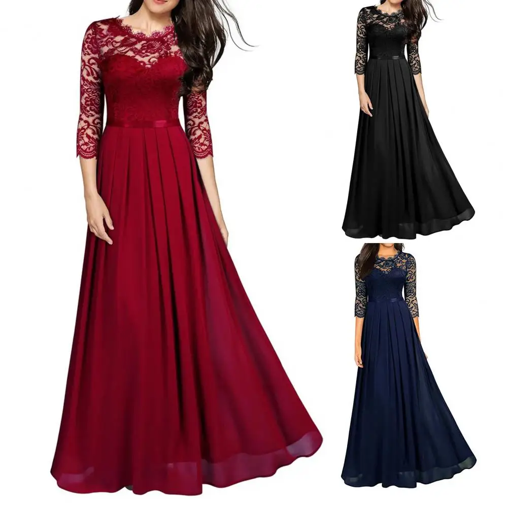 Top Trends: Women Lace Patchwork Maxi Long Evening Dress Solid Color High Waist Dress Wedding Party Dress Ladies Clothing Shoppable Styles