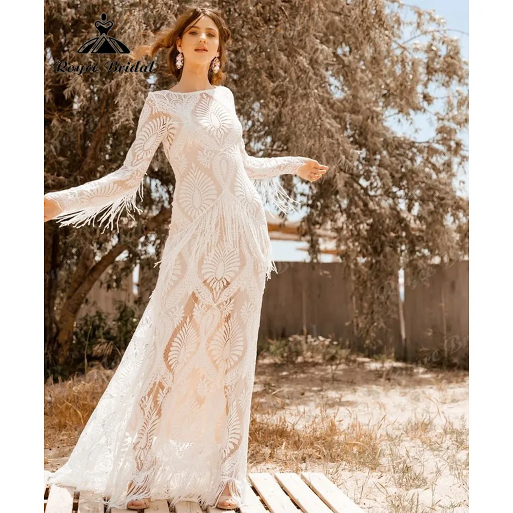 Top Trends: Romantic Tassels Lace Boho Bohemian Long Sleeve Mermaid Wedding Dress 2023 Bridal Gowns Custom Made Vestido Noiva Boho Chic Sexy Shoppable Styles