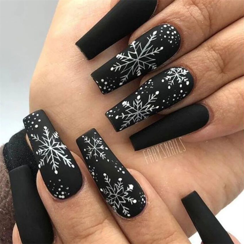 Top Trends: 24Pcs / Set Christmas Collection Black Long Ballet Wearing False Nails Art Snowflake Press On Acrylic Nail Tips Hot Stick On Nails Shoppable Styles