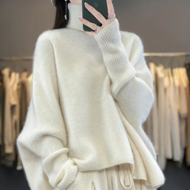 Top Trends: Women's 100% Merino Wool Loose Bat Sweater, Cashmere Sweater High Lapel Jumper Oversized Top Korean Fashion Autumn Winter New Shoppable Styles