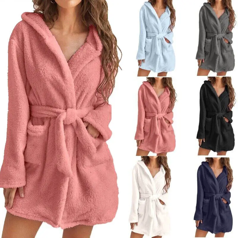 Top Trends: Women Bath Robe Winter Fluffy Plush Pyjamas Ladies Sexy Hooded Dressing Solid Color Gown Warm Bathrobe Female Home Clothing Shoppable Styles