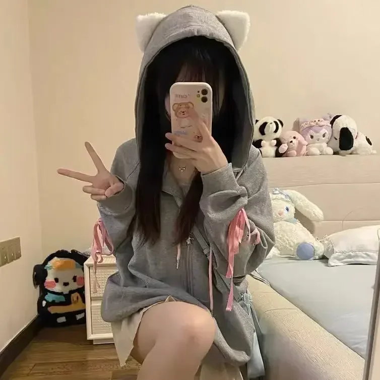 Top Trends: HOUZHOU Kawaii Sweet Harajuku Hoodie Women Japanese Fashion Cute Cat Embroidery Zipper Straps Hooded Sweatshirt Soft Gril 2023 Shoppable Styles - Image 3