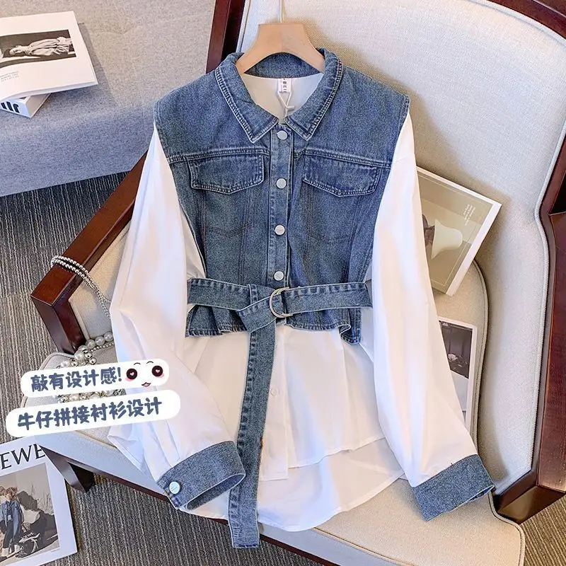 Top Trends: Spring Autumn Casual Denim Patchwork Shirt Women&#039;s Clothing Commute Turn-down Collar Stylish Sashes Basic Single-breasted Blouse Shoppable Styles