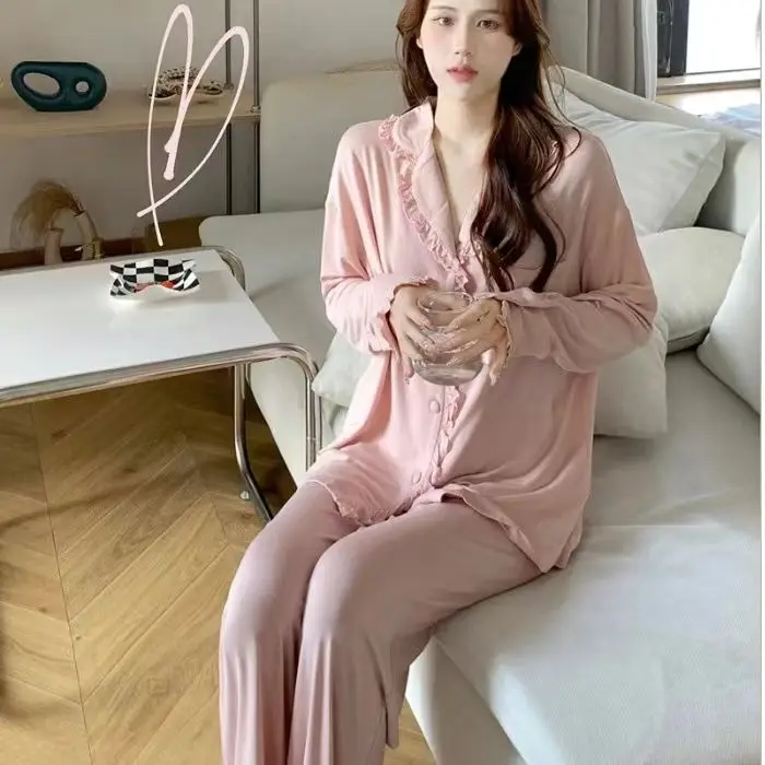 Top Trends: Simple Sweet Pajamas Flanged Casual Nightdress Women Spring Sleepwear Long Sleeve Lapel Home Wear Set Solid Color Loose Pyjamas Shoppable Styles - Image 4