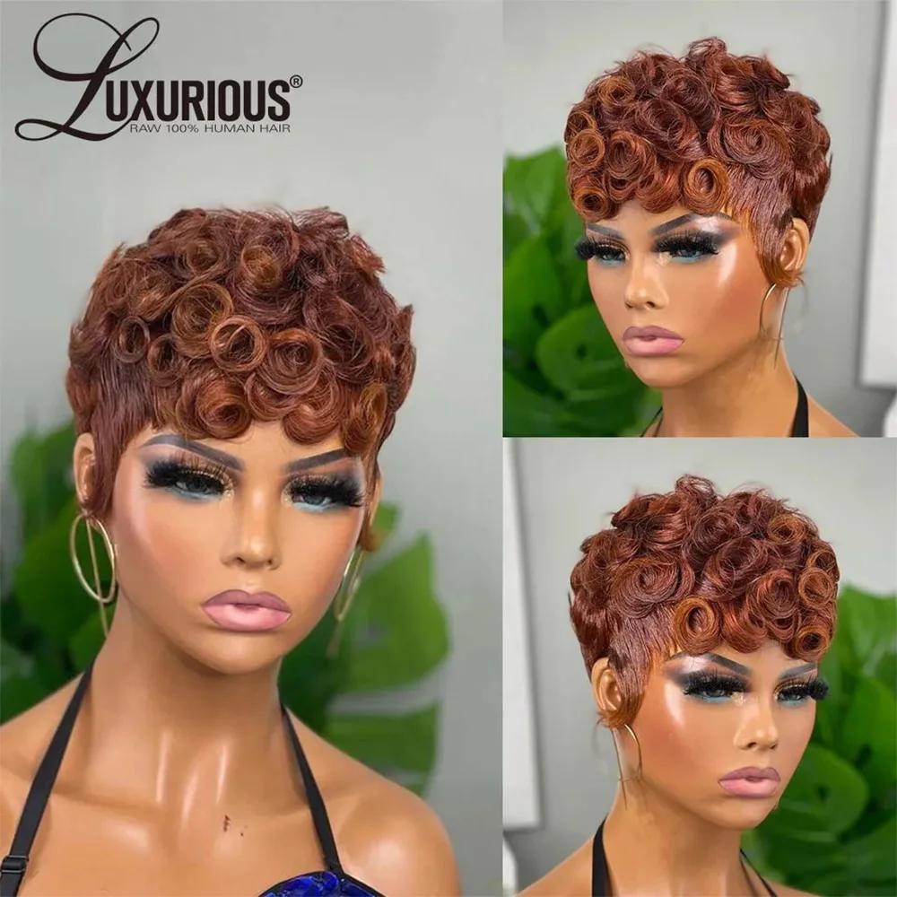 Top Trends: Curly Short Pixie Cut Wigs For Black Women Ginger Burgundy Full Machine Made Wigs Wear And Go Brazilian Virgin Human Hair Wigs Shoppable Styles