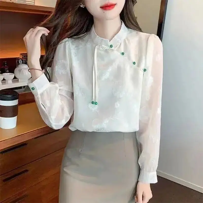 Top Trends: All-match Vintage Women&#039;s Solid Color Jacquard Blouse Spring Autumn Casual Fashion Spliced Long Sleeve Shirt Female Clothing Shoppable Styles