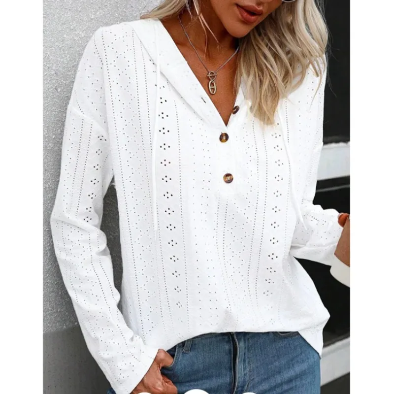 Top Trends: 2023 Autumn And Winter Women&#039;s Solid Hooded Pullover Long Sleeve Drawstring Hollow Button Sweatshirt Fashion Loose Sweater Tops Shoppable Styles