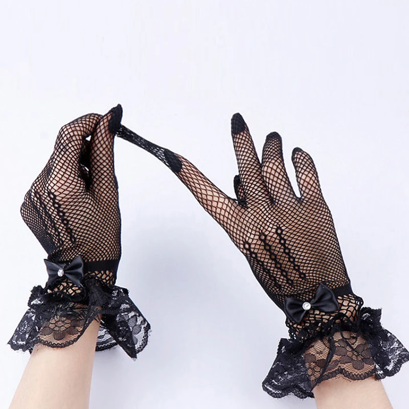 Top Trends: Women's Uv-proof Driving Gloves Rhinestone Bow Lace Design Sheer Fishnet Full Finger Mittens Mesh Fishnet Gloves 1 Pair Shoppable Styles - Image 3