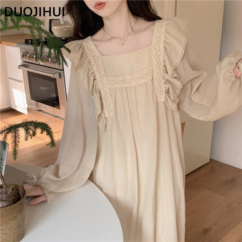 Top Trends: DUOJIHUI Pure Color Vintage Chic Loose Sleepwear Women Autumn Sweet Ruffles Lace-up Casual Fashion Simple Soft Female Nightgowns Shoppable Styles