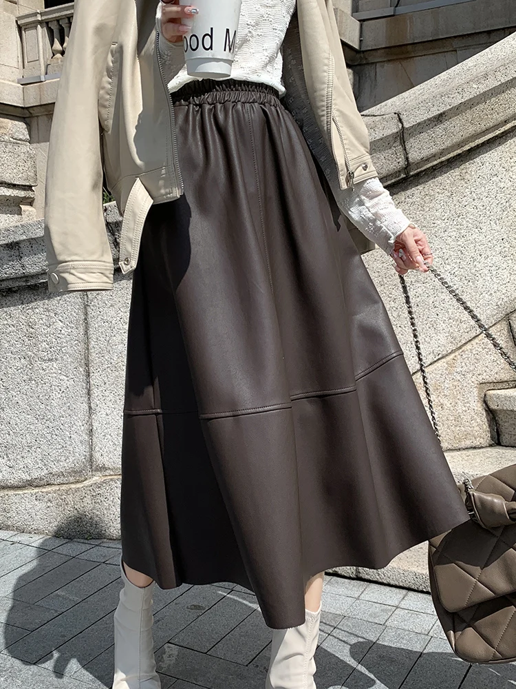 Top Trends: QOERLIN Soft PU Skirts Faux Leather Black Midi Skirt Black Green High Waist A-Line Big Hem Skirts Y2K Pocket Elastic Waist Saias Shoppable Styles - Image 5