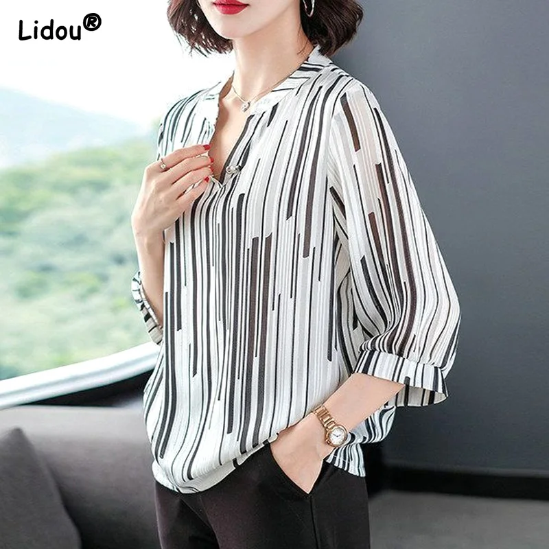 Top Trends: Women Shirt Straight Button Striped Casual Thin Blouses Spring Summer Turn-down Collar Women&#039;s Clothing 2022 Simple Temperament Shoppable Styles