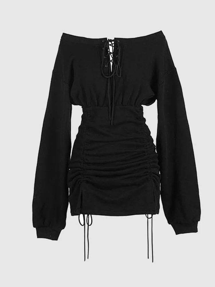 Top Trends: Off Shoulder Long Sleeve Pleated Sheath Dress 2023 Street Style Hot Girl Dress Spring Autumn Sexy Short Party Dresses Shoppable Styles