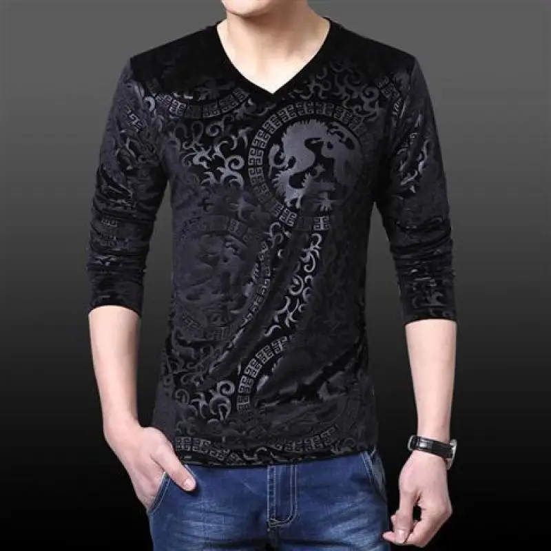 Top Trends: 2023 Spring And Autumn Fashion Men's Fashion Simple V-neck Printed Long Sleeve Tight Casual Versatile Gold Velvet Underlay Shirt Shoppable Styles