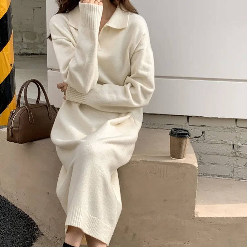 Top Trends: Casual Thicken Warm Loose Sweater Dress Women Autumn Winter Lapel Full Sleeve Solid Long Knit Dress Vestidos De Mujer Robe Femme Shoppable Styles