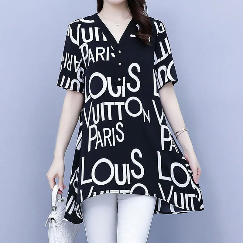 Top Trends: Summer Chiffon Letter Printing Blouse Short Sleeve O-Neck Asymmetrical Loose Plus Size Shirt Tops Casual Fashion Women Clothing Shoppable Styles