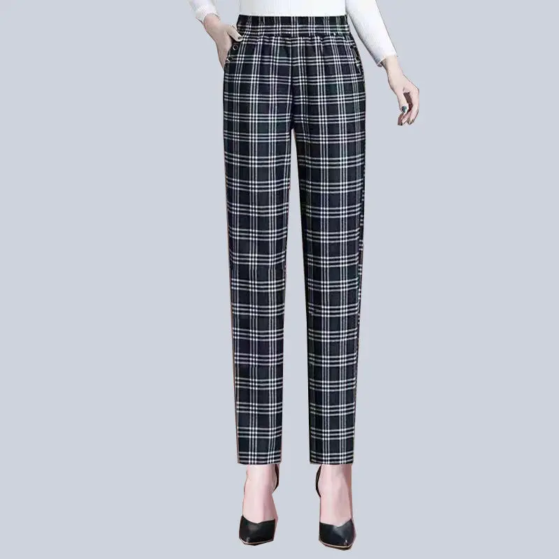 Top Trends: Office Lady Fashion Slim Plaid Pencil Pants Korean Women Spring Summer Elastic High Waist All-match Thin Casual Straight Trouser Shoppable Styles