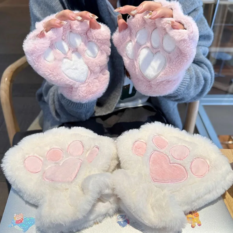 Top Trends: Girls' Cute Cat Claw Paw Plush Mittens Warm Soft Plush Short Fingerless Fluffy Bear Cat Gloves Costume Half Finger Party Gift Shoppable Styles