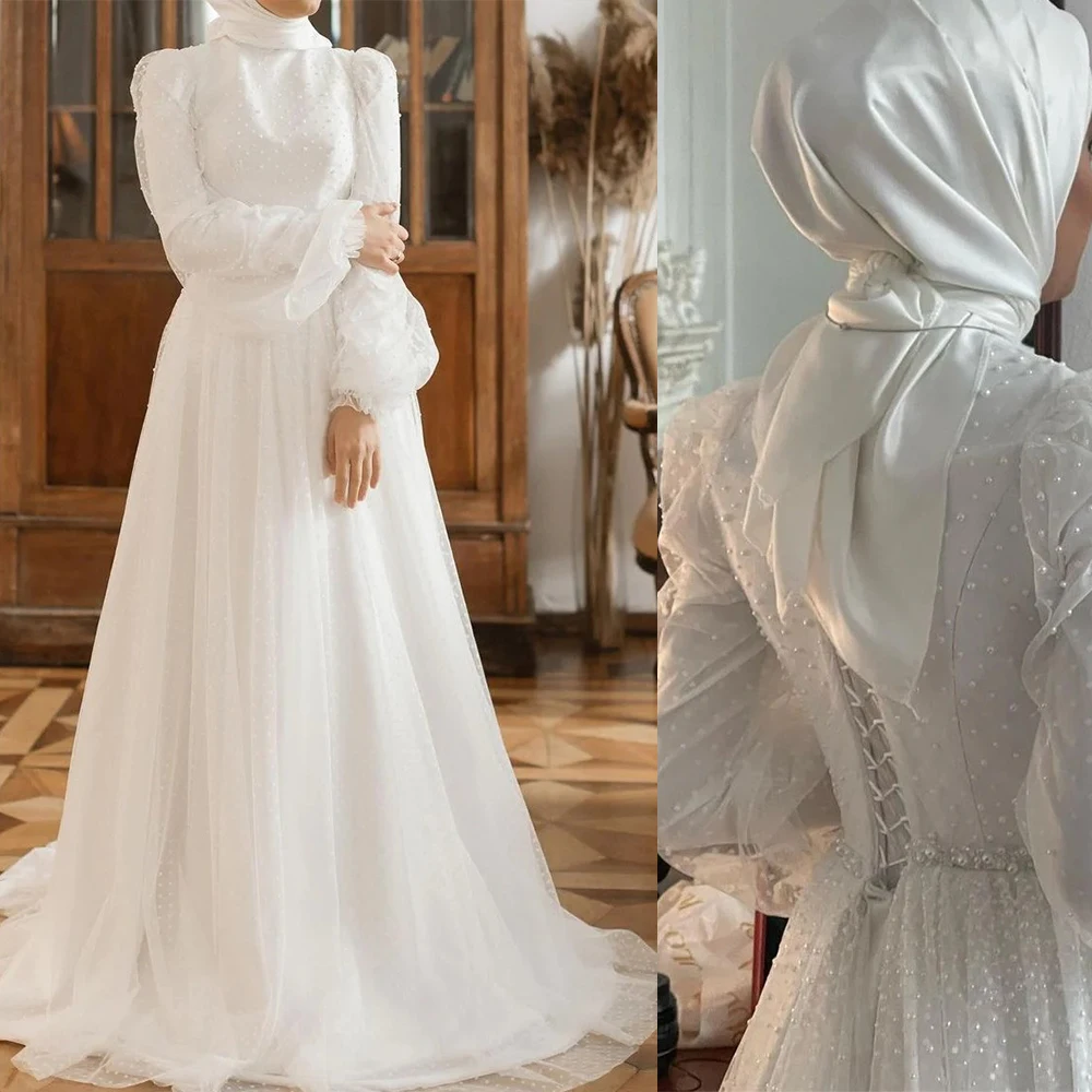 Top Trends: Pearls White Wedding Dresses For Hajib Women High Neck Long Sleeves Lace Up Closure A Line Muslim Bridal Gowns свадебное платье Shoppable Styles