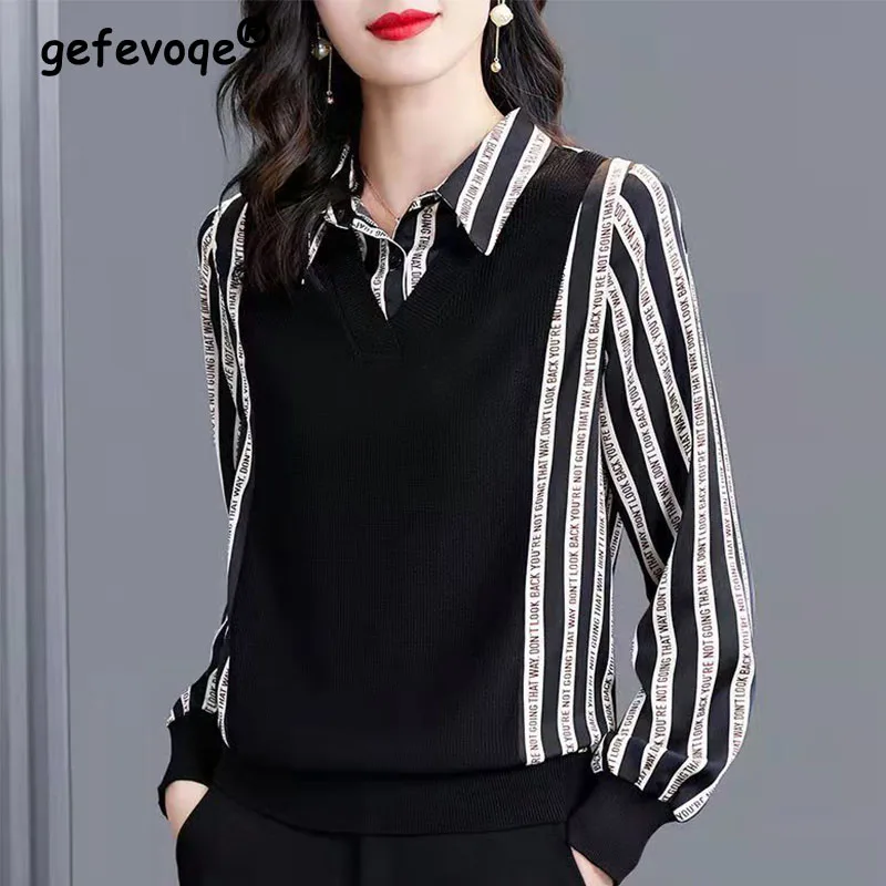 Top Trends: Office Lady Knitted Fake Two Pieces Striped Printed Shirt Spring Autumn Fashion Polo-Neck Long Sleeve Blouse Women's Clothing Shoppable Styles