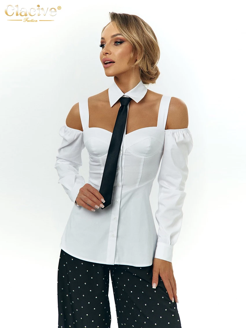 Top Trends: Clacive Sexy Slim White Women Shirts 2023 Fashion Lapel Long Sleeve Shirts And Blouses Elegant Chic Blusas Top Female Clothing Shoppable Styles