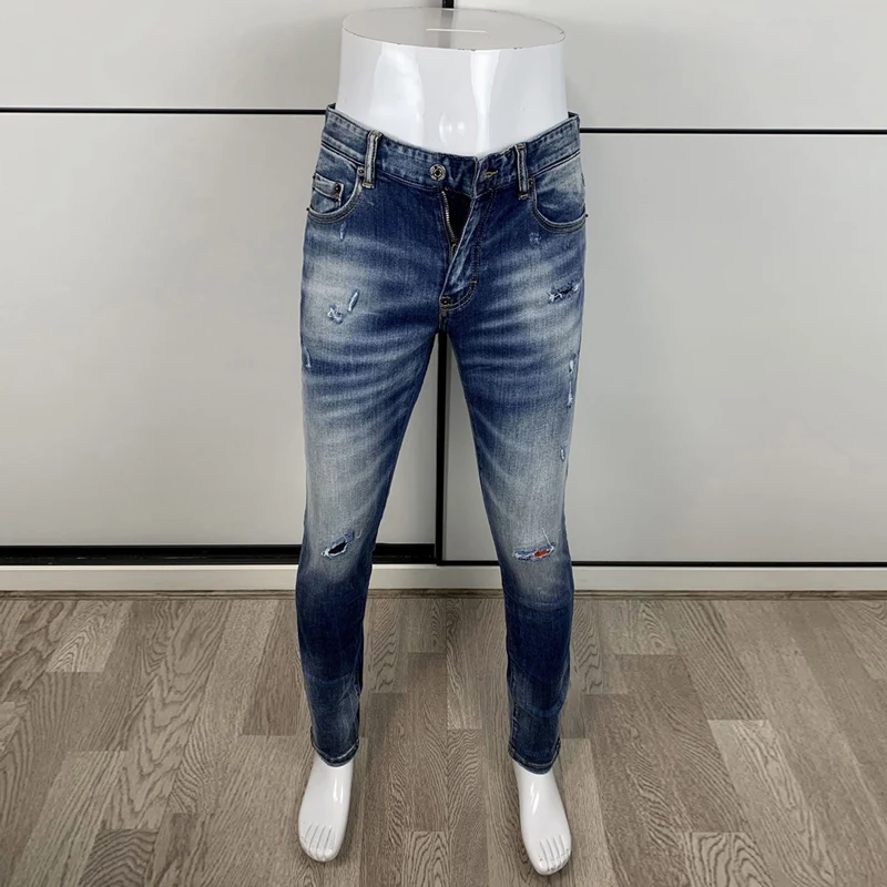 Top Trends: High Street Fashion Men Jeans High Quality Retro Washed Blue Stretch Skinny Fit Ripped Jeans Men Vintage Designer Brand Pants Shoppable Styles