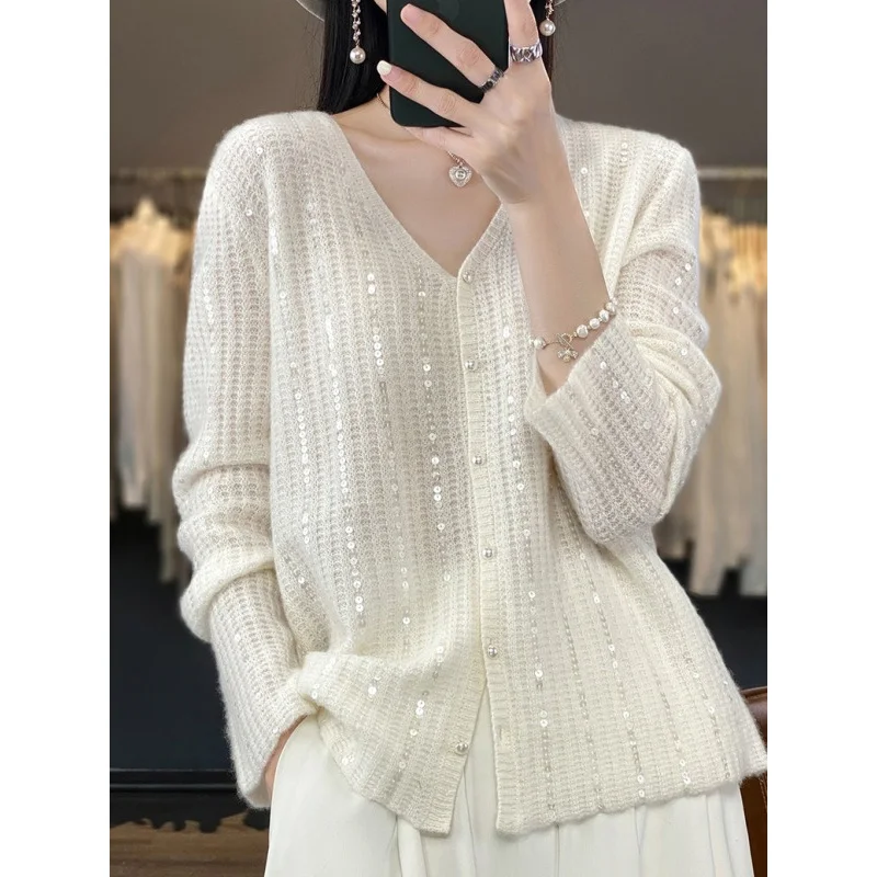 Top Trends: 2023 Spring And Autumn Fashion Temperament Small Fragrance V-Neck Sequins Foreign Style Pearl Button Sweater Cardigan Coat Women Shoppable Styles