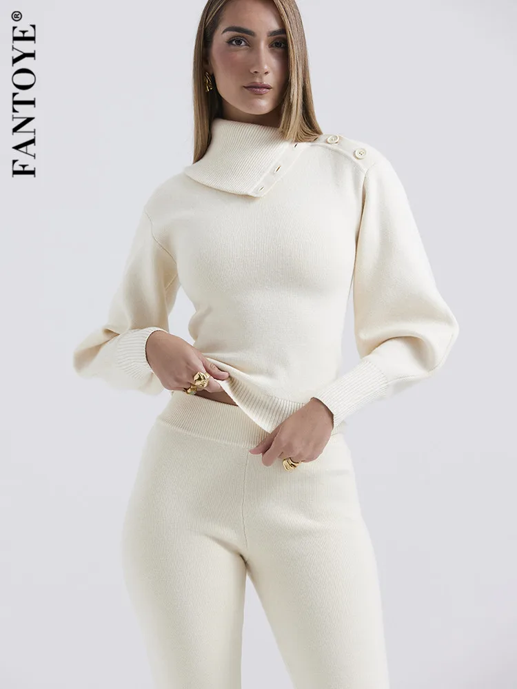 Top Trends: Fantoye Two Piece Sets Women Knitted Set White Turn-down Collar Button Sweater Skinny Pant Suit Winter New Casual Sweatshirt Set Shoppable Styles