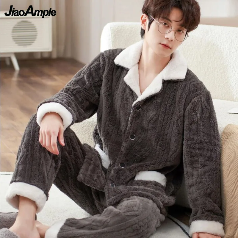 Top Trends: Men's Winter Warm Pajamas 2022 New Loose Thickened Flannel Pyjamas Sleepwear Two-piece Set Korean Fashion Pijamas Homewear Suit Shoppable Styles - Image 2