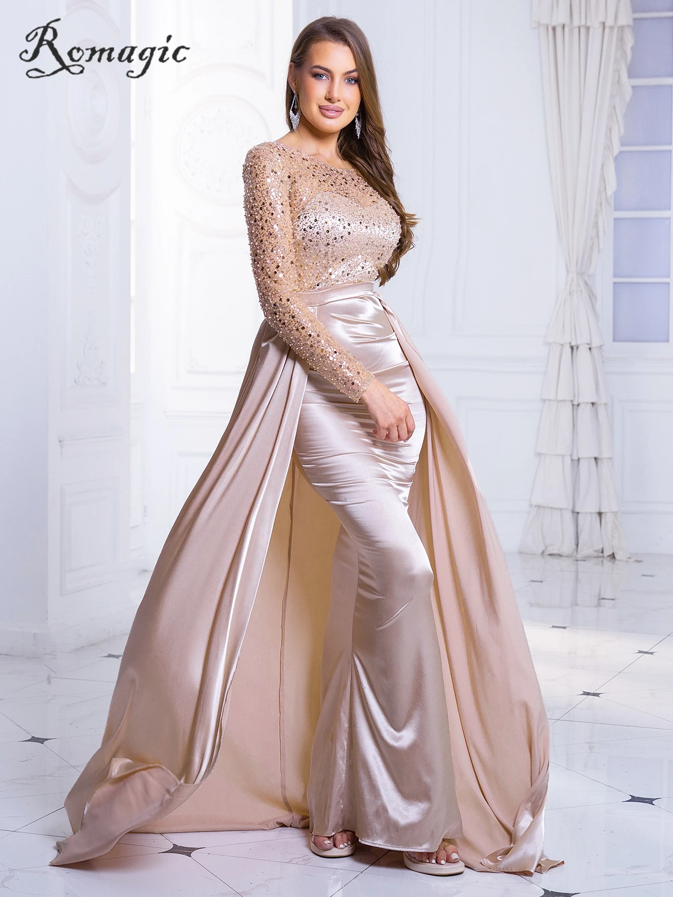 Top Trends: Romagic Modest O Neck Full Sleeve Exquisite Evening Prom Dress Sequin Pearls With Long Train Gold Women Wedding Party Gown Shoppable Styles