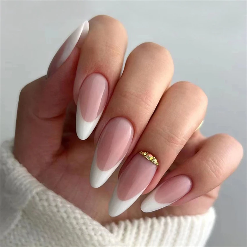 Top Trends: 24Pcs / Set Medium Long Almond Fake Nails With Diamonds White Edge Oval Shiny Artificial Removable Reusable Press On Acrylic Nails Shoppable Styles