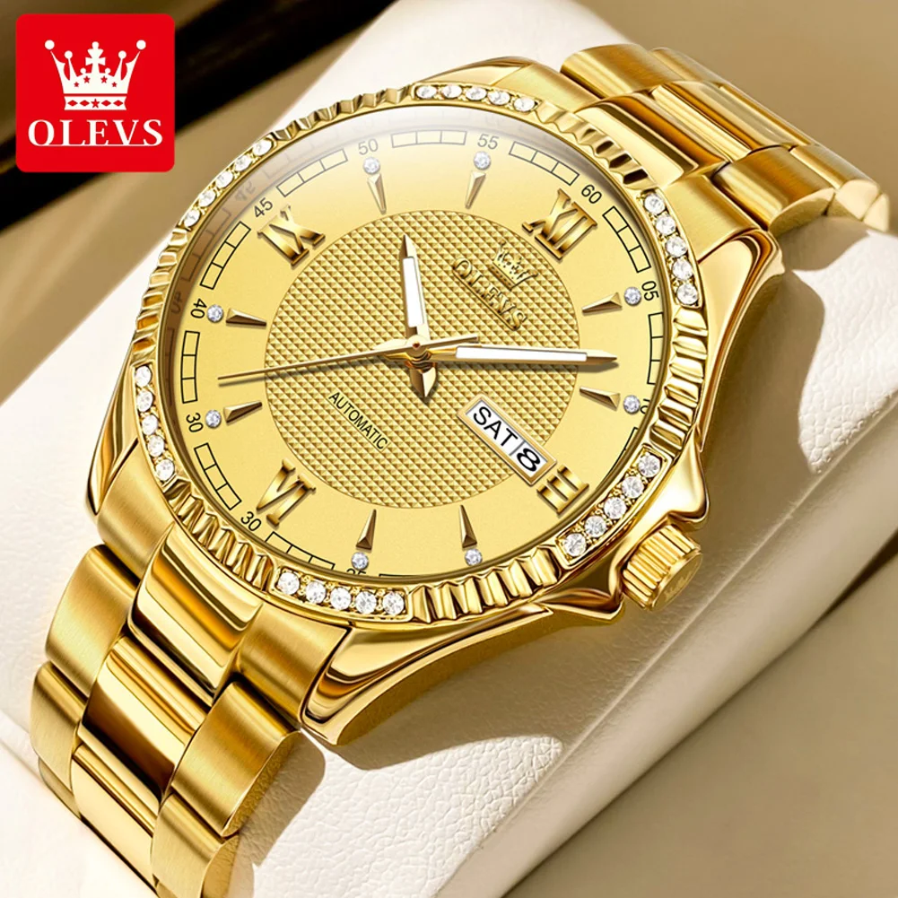 Top Trends: New In OLEVS Gold Watch For Men Luxury Roman Numerals Diamond Dial Stainless Steel Waterproof Automatic Mechanical Wristwatches Shoppable Styles