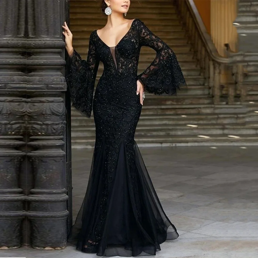 Top Trends: Sexy V Neck Long Flare Sleeve Black Lace Dress Wedding Party Dresses Women Evening Elegant Night Club Prom Long Maxi Dresses Shoppable Styles