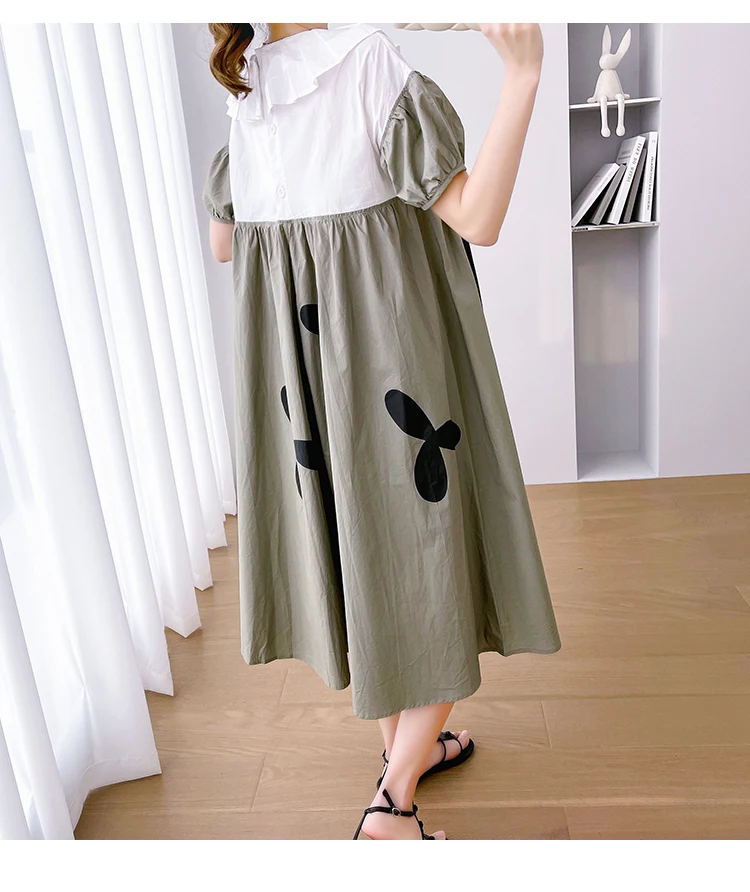 Top Trends: Fashion Block Color Patchwork Pleated Peter Pan Collar Maternity A-Line Dress Puff Sleeve High Waist Pregnant Woman Female Dress Shoppable Styles - Image 6