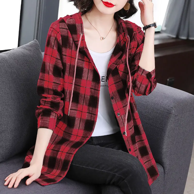 Top Trends: Women&#039;s Autumn Winter New Fashion Elegant Hooded Plaid Button Pocket Casual And Versatile Long Sleeved Loose Cardigan Coat Shoppable Styles